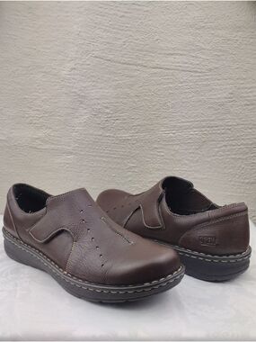 Drew Shoe Kay Brown Soft Pebble Leather Hook Loop Wedge Heel Slip On Ortho Shoe